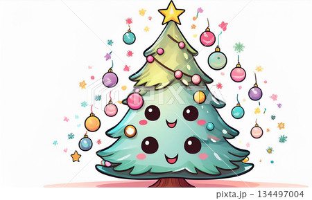 A cheerful, cute cartoon Christmas tree with big eyes and colorful ornaments, star on top, and a festive vibe. Perfect for holiday campaigns, family fun, and seasonal branding imagery. 134497004