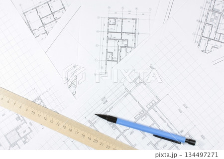 House construction. Architectural engineering design. Paper drawing. 134497271