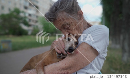 Senior 90-year-old woman with gray hair and deep wrinkles sits outdoors In assisted living facility on bench with small dachshund dog. Old female hugs and cuddles pet in the park on a bench 134497548