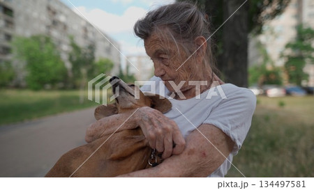 Senior 90-year-old woman with gray hair and deep wrinkles sits outdoors In assisted living facility on bench with small dachshund dog. Old female hugs and cuddles pet in the park on a bench 134497581