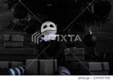 Goth Christmas Still Life with Dark Holiday Gifts and Gothic Doll Goth Christmas Still Life with Dark Holiday Gifts and Gothic Doll 134497700