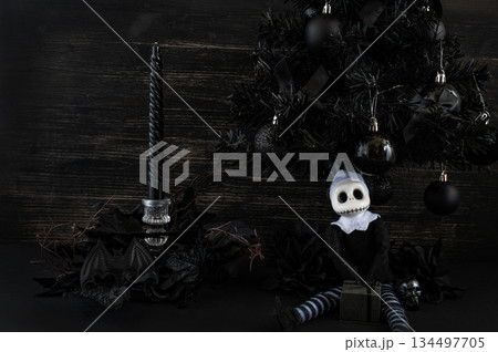 Goth Christmas Still Life with Dark Holiday Gifts and Gothic Doll 134497705