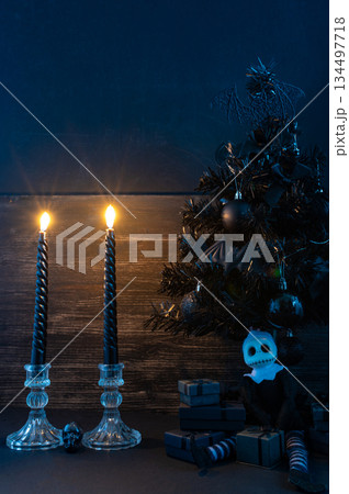 Dark Gothic Christmas Scene with Candles, Mist and Black Tree. Vertical Dark Gothic Christmas Scene with Candles, Mist and Black Tree. Vertical 134497718