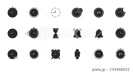 Clock And Timer Icon Set. Time Management, Alarm, And Stopwatch Silhouette Symbol Collection. Includes Hourglass, Bell, And Smartwatch Designs. Isolated Vector Illustration 134498052
