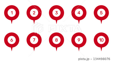 Numbered Location Pin Markers for Navigation and Mapping Icon Set. Geographic Position Indicators and Route Point Pins for Maps and Tracking Symbol Collection. Isolated Vector Illustration 134498076