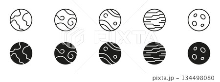 Planetary Surface Patterns Line And Solid Icon Set. Celestial Bodies, Astronomy, And Space Exploration Outline And Silhouette Symbol Collection. Isolated Vector Illustration Planetary Surface Patterns Line And Solid Icon Set. Celestial Bodies, Astronomy, And Space Exploration Outline And Silhouette Symbol Collection. Isolated Vector Illustration 134498080