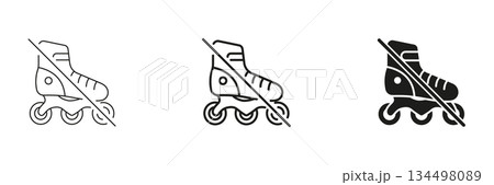 No Roller Skating Allowed Line And Icon Set. Prohibition Of Rollerblading In Restricted Areas Outline And Silhouette Symbol Collection. Safety And Regulation Signage. Isolated Vector Illustration 134498089
