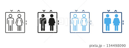 Elevator With Male And Female Symbols Line And Solid Icon Set. Gender Inclusive Elevator Signage And Accessibility Symbol Collection. Public Facility Navigation. Isolated Vector Illustration 134498090
