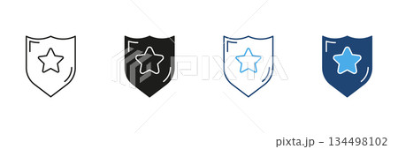 Shield With Star Line And Solid Icon Set. Security, Protection and Safety Assurance Outline And Silhouette Symbol Collection. Defense And Trust. Isolated Vector Illustration 134498102