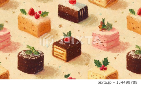 カラフルなプチケーキの水彩パターン スイーツ背景素材 134499789