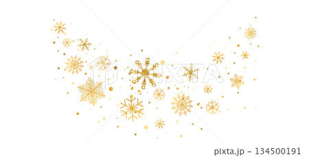 Golden glitter snowflakes wave. Christmas ornaments. Happy Holiday background. Merry xmas snow flakes elements. Winter bg. New Year banner. Light string. Vector illustration 134500191