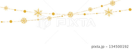 Happy Holiday background. Merry Christmas elements. Xmas ornaments. New Year banner. Light string. Golden glitter snow flakes garland. Winter bg. Vector illustration 134500192
