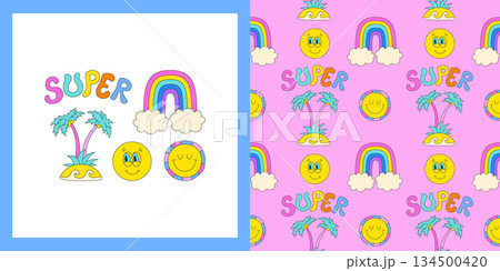 Retro sticker happy funny cartoon set seamless pattern psychedelic cool hippie style vector sticker 134500420