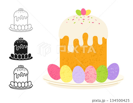 Easter cake and eggs for Happy Easter symbol cartoon set bakery cute sweet bread icing pastry icon 134500425
