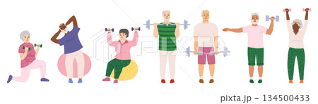 Older people play sports elderly men strength training exercises gym stretching therapeutic vector 134500433