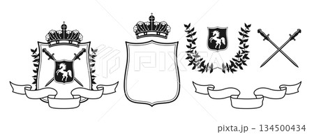 Coat of arms with unicorn shield and laurel wreath ribbon crown swords crosswise emblems logo vector 134500434