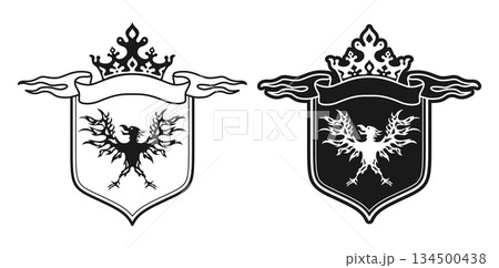 Coat of arms with noble eagle ribbon shield crown Heraldic crest set vintage vector illustration Coat of arms with noble eagle ribbon shield crown Heraldic crest set vintage vector illustration 134500438