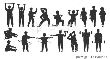 Older people play sports set elderly character old men women adult seniors yoga jogging stretching 134500443