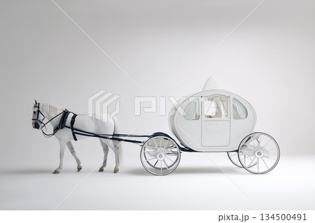白馬が牽く豪華な馬車のファンタジービジュアル   祝賀や年賀、ウェディング素材にも最適な夢のある構図 134500491