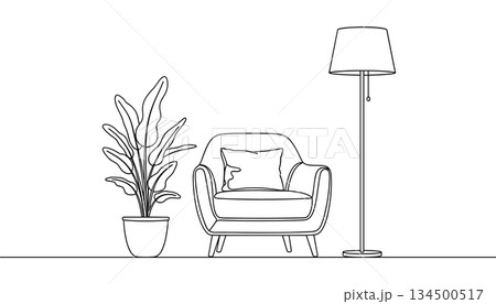 Modern living room line art vector. Armchair floor lamp houseplant interior illustration vector Modern living room line art vector. Armchair floor lamp houseplant interior illustration vector 134500517