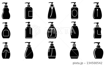 Dispenser pump bottle set vector. Cosmetic soap lotion container silhouette illustration vector Dispenser pump bottle set vector. Cosmetic soap lotion container silhouette illustration vector 134500542