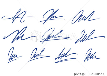 Handwritten signature sample set vector. Blue fake autograph scribble collection illustration vector Handwritten signature sample set vector. Blue fake autograph scribble collection illustration vector 134500544