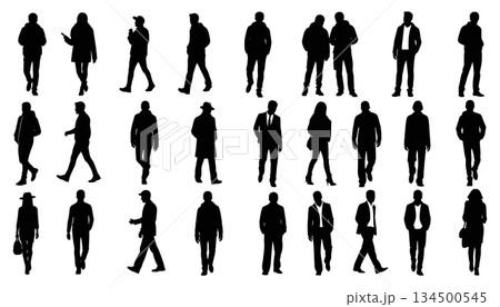 Walking people silhouette set vector. Crowd of urban pedestrians poses illustration vector 134500545