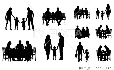 Family together silhouette set vector. Parents and children activities collection illustration vector 134500547
