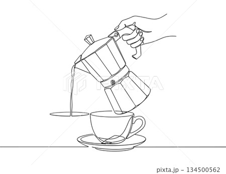 Coffee maker pouring line art vector. Continuous line espresso cup illustration vector 134500562