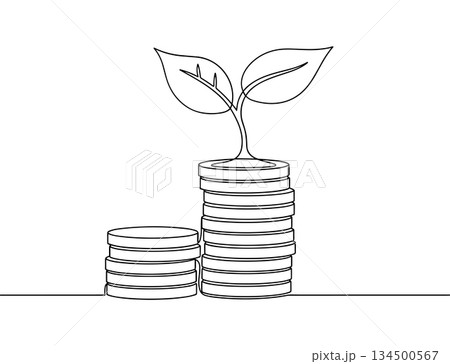 Money growth coins plant line art vector. Continuous investment savings finance illustration vector Money growth coins plant line art vector. Continuous investment savings finance illustration vector 134500567