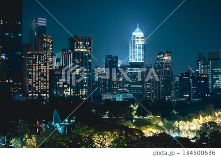 illuminated big city skyline at night, green Lumpini park with festive street lights, modern high-rise skyscrapers at urban dusk, bustling downtown glow at evening, Bangkok Thailand illuminated big city skyline at night, green Lumpini park with festive street lights, modern high-rise skyscrapers at urban dusk, bustling downtown glow at evening, Bangkok Thailand 134500636