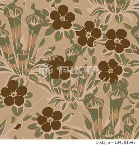 Earthy botanical surface design with wild flowers and pitcher plants for textile printing and commercial packaging. 134501045