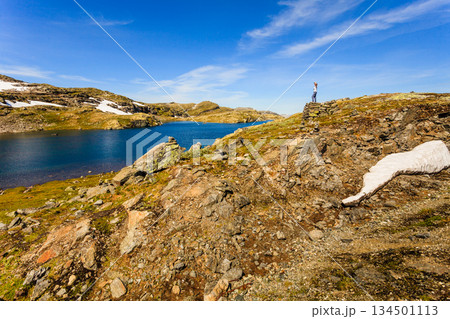 Tourist enjoying landscape norwegian nature 134501113