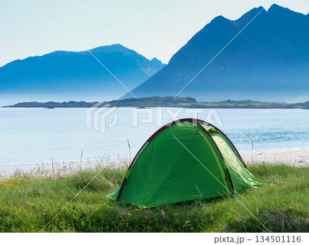 Seascape with tent on beach, Lofoten Norway Seascape with tent on beach, Lofoten Norway 134501116