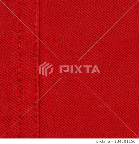 Seamless Red Denim fabric with seams, denim jacket, denim pants, for background or fabric sample sale. 134501156