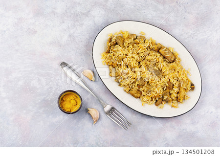 Savory Meat Pilaf on a Table 134501208