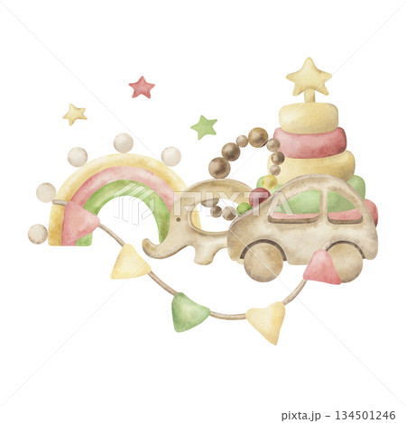 Composition with children's eco toys: car, elephant, pyramid, teether, flags. Watercolor illustration drawn by hand. For design, children's room, baby shower, packaging, cards, blogs, invitation Composition with children's eco toys: car, elephant, pyramid, teether, flags. Watercolor illustration drawn by hand. For design, children's room, baby shower, packaging, cards, blogs, invitation 134501246