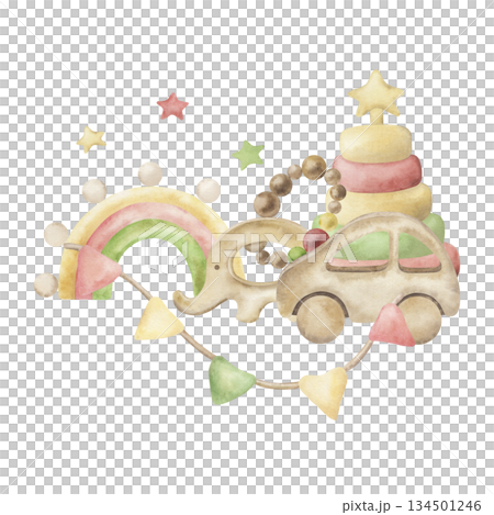 Composition with children's eco toys: car, elephant, pyramid, teether, flags. Watercolor illustration drawn by hand. For design, children's room, baby shower, packaging, cards, blogs, invitation 134501246