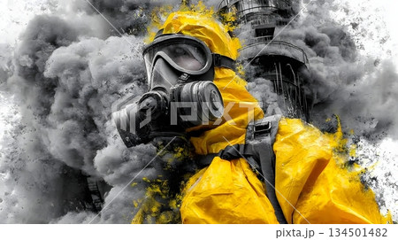A hazardous worker in a bright yellow protective suit and gas mask 134501482