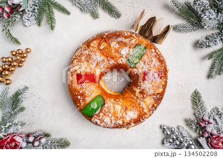 Roscon de reyes is a traditional Spanish Christmas pastry cake Roscon de reyes is a traditional Spanish Christmas pastry cake 134502208