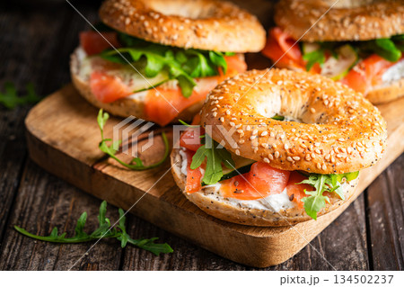 Bagel sandwich with salmon Bagel sandwich with salmon 134502237