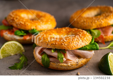 Variety of Bagel sandwiches 134502238