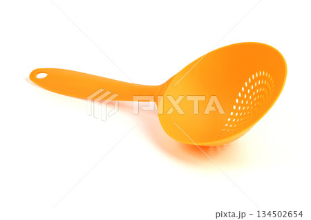 Set of Yellow Plastic Colanders Isolated on White Background in Different Angles 134502654