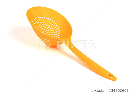 Set of Yellow Plastic Colanders Isolated on White Background in Different Angles 134502661