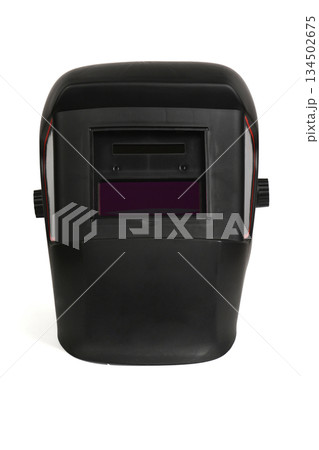 Straight front view of black industrial welding helmet Straight front view of black industrial welding helmet 134502675