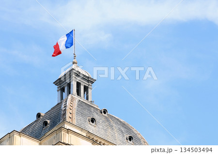 French flag on the dome of the Palais du Luxembourg in Paris against the sky 134503494