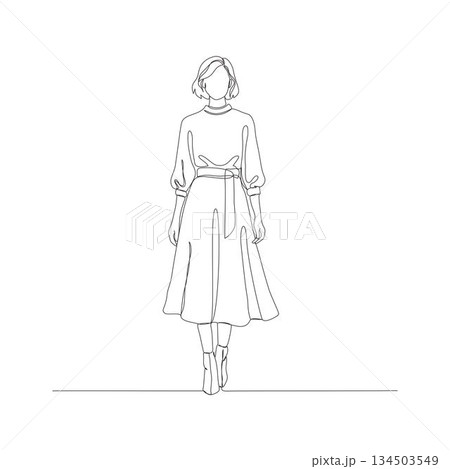 Hand-drawn woman in belted dress. Manual vector with editable paths. Professional minimalist line art illustration 134503549