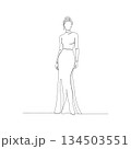 Hand-drawn woman in mermaid gown. Manual vector with editable paths. Elegant gala dress sketch for branding. 134503551
