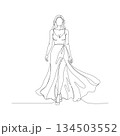 Hand-drawn woman in flowing slit gown. Manual vector with editable paths. Dynamic movement fashion art. 134503552