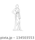 Hand-drawn woman in off-shoulder gown. Manual vector with editable paths. Elegant fashion sketch illustration. 134503553